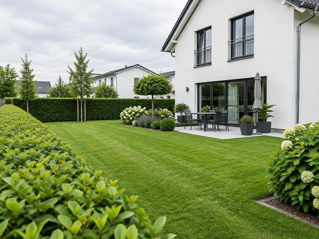 Gepflegter Garten mit geschnittener Hecke